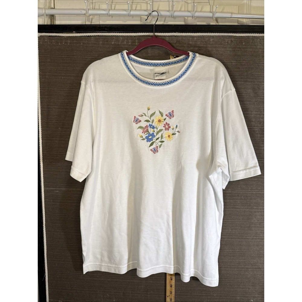 Vintage BonWorth White Large Butterfly Flowers Embroiderd Blouse Women's